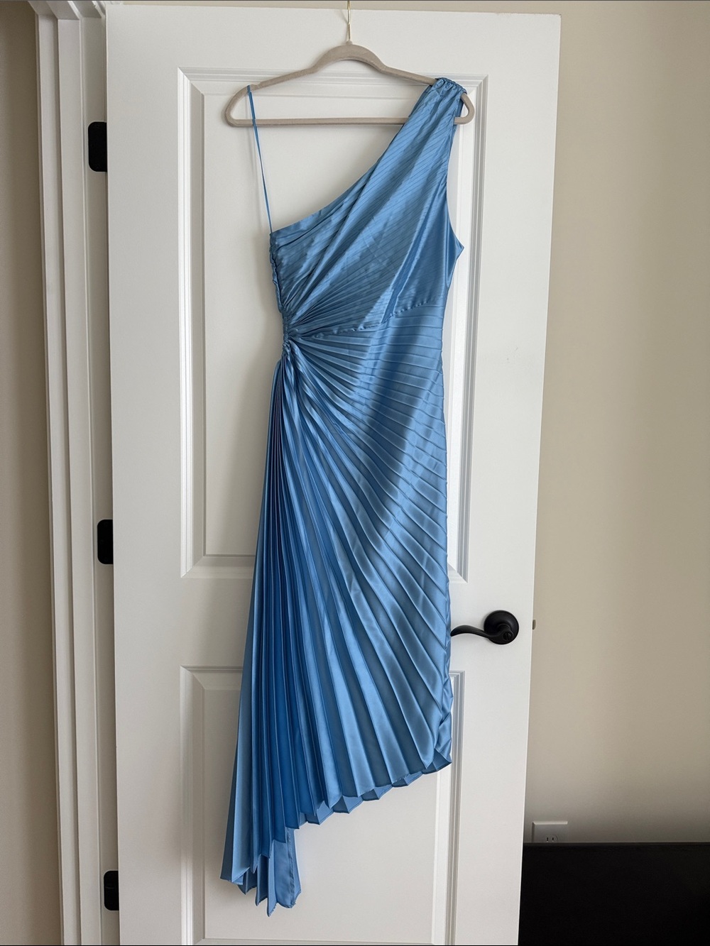 Vici One-Shoulder Pleated Satin Dress in Sky Blue